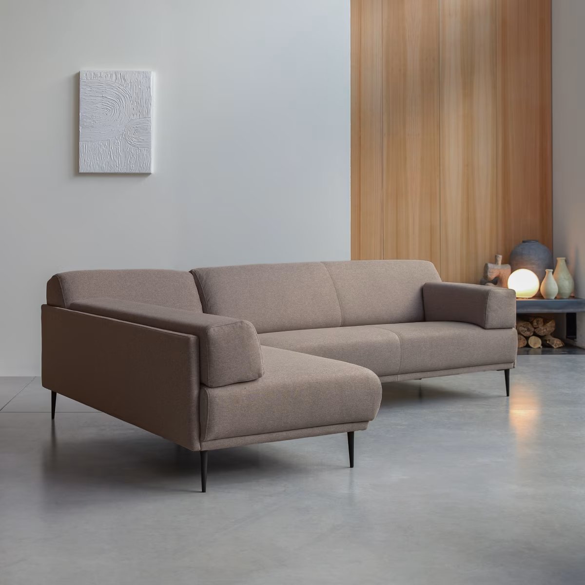 Canapé d'angle gauche en tissu gris taupe 270 x 180 cm, 4 places - Homeclara