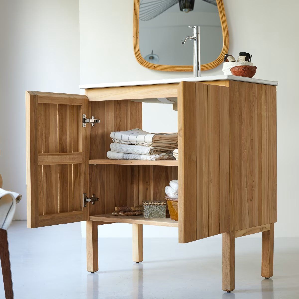 Meuble salle de bain en teck massif et céramique 80 cm - Homeclara