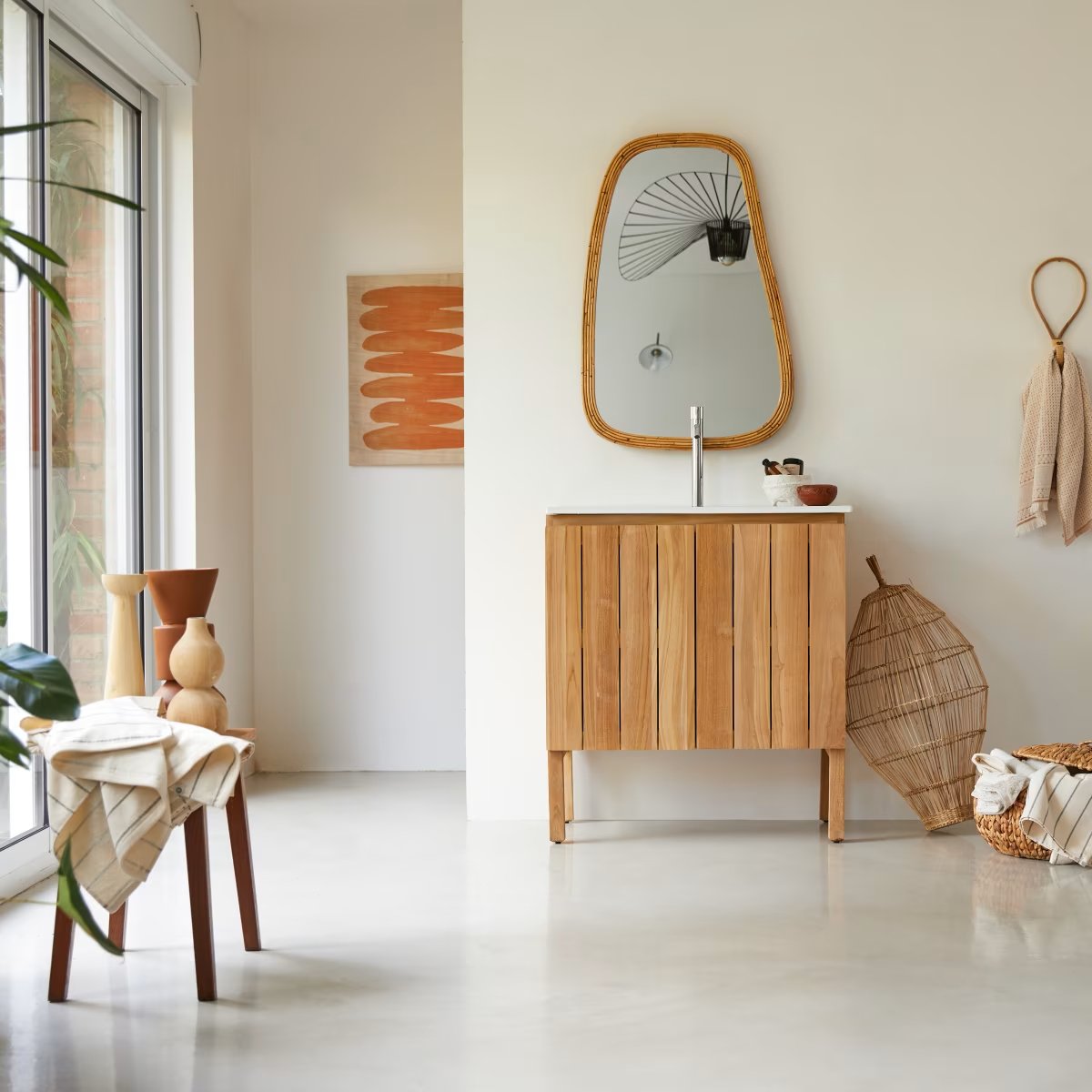 Meuble salle de bain en teck massif et céramique 80 cm - Homeclara