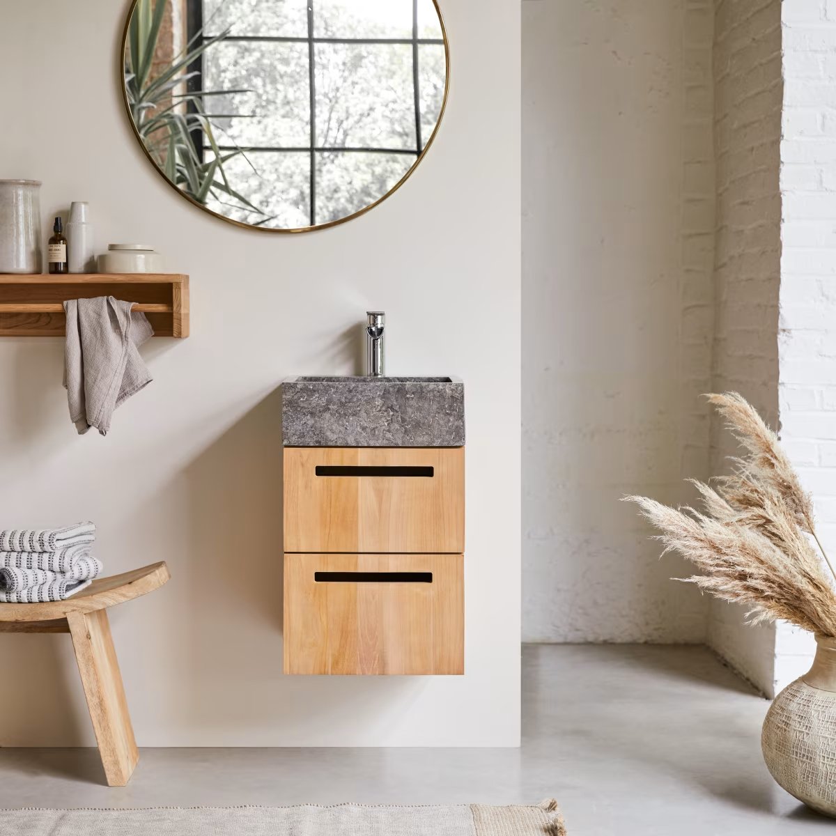 Meuble salle de bain en teck massif et marbre 40 cm - Homeclara